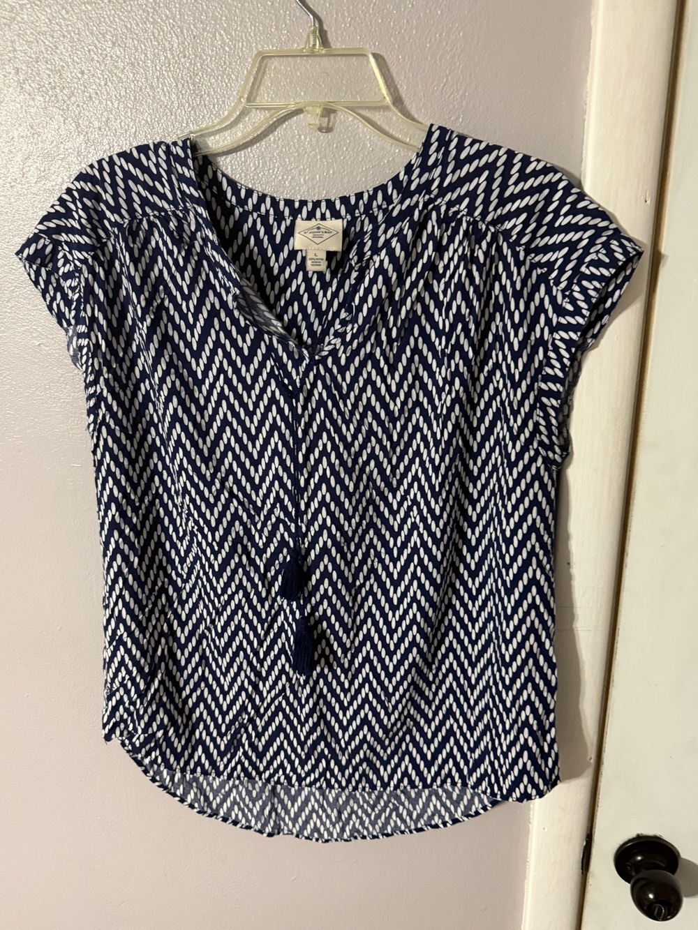 St. John's Bay Navy and White Chevron Cap-Sleeve Blouse